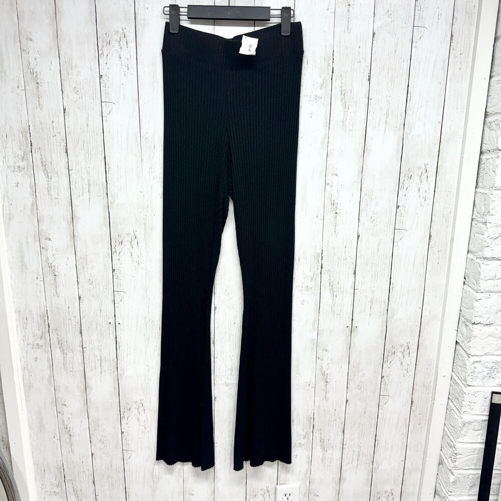 Cale Pants Women Size Small Black Flare Leggings Rib Knit Stretchy Elastic Waist